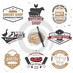 Set of butcher shop and Bakery shop badge, label. Vector. Vintage logo design with cow, chicken, rolling pin, dough