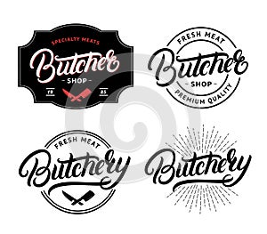 Set of Butcher Shop and Butchery hand written lettering logo, label, badge, emblem.