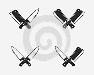 Set of butcher shop icons. Crossed meat knives. Meat cleaver and chef knife isolated on white background. Vector illustration