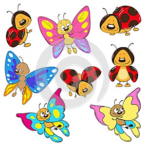 Set butterflies and ladybugs. Cartoon insect