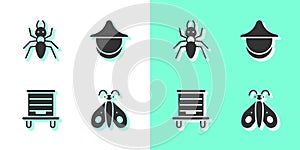 Set Butterfly, Ant, Hive for bees and Beekeeper hat icon. Vector