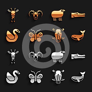 Set Butterfly, Crocodile, Whale, Wild boar head, Swan bird, Sheep, Giraffe and Head of goat or ram icon. Vector