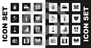 Set Butterfly, Flashlight, Wooden axe, Mosquito, Tiger head, Car, Binoculars and Arrow icon. Vector