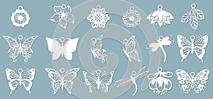 A set of butterfly patterns, dragonflies, in the form of pendants. Template with vector illustration of butterflies. For laser