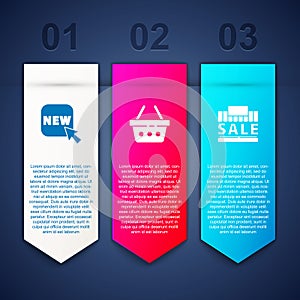 Set Button with text New, Shopping basket and building and sale. Business infographic template. Vector