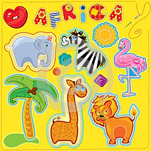 Set of buttons, cartoon animals and word AFRICA - photo