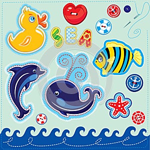 Set of buttons, cartoon animals and word SEA - han photo
