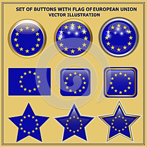 Set of buttons with flag of European Union . Vector illustration.