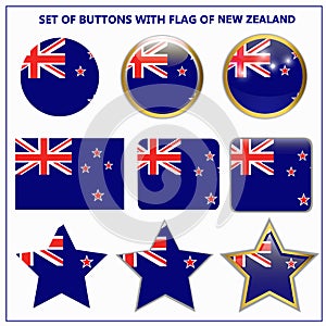 Set of buttons with flag of New Zealand.