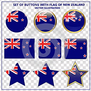 Set of buttons with flag of New Zealand. Vector.