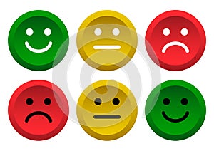 Set of buttons. Green, yellow, red smileys emoticons icon positive, neutral and negative. Vector illustration