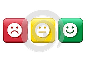 Set of buttons. Red, yellow, green smileys emoticons icon negative, neutral and positive, different mood. Vector