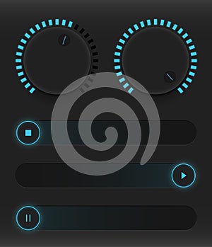 Set of buttons and sliders. Luminous, neon control user interface. Sound management. Blue sliders turn on, off and pause photo