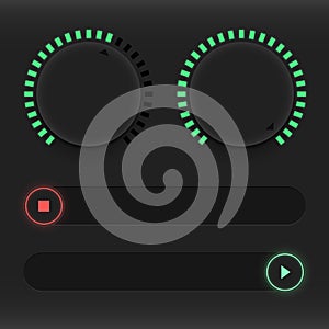 Set of buttons and sliders. Luminous, neon control user interface. Sound management. Red and green sliders on and off