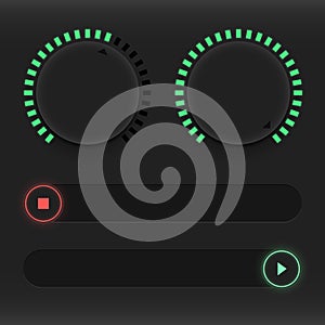 Set of buttons and sliders. Luminous, neon control user interface. Sound management. Red and green sliders on and off photo