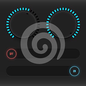 Set of buttons and sliders. Luminous, neon control user interface. Sound management. Sliders on and off photo