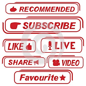 Set of  buttons for social media - Subscribe to video channel, blog - share, like, live, video