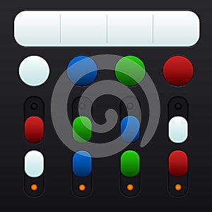 Set of buttons and switches in different colors