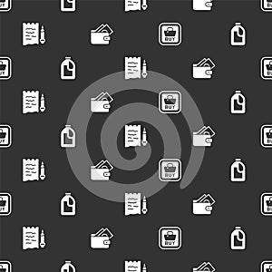 Set Buy button, Bottle for cleaning agent, Shopping list and pencil and Wallet with money on seamless pattern. Vector