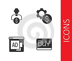 Set Buy button, Business investor, Advertising and Gear with dollar symbol icon. Vector