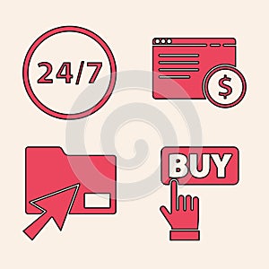 Set Buy button, Clock 24 hours, Online shopping on screen and Cursor click document folder icon. Vector