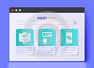 Set Buy button, Computer monitor and Percent discount and mobile icon