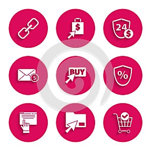 Set Buy button, Cursor click document folder, Shopping cart with check mark, Loan percent, Online shopping screen