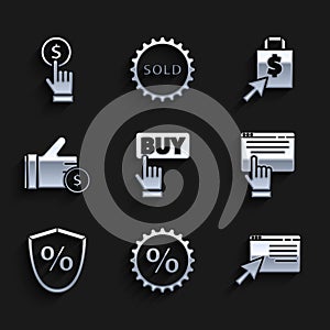 Set Buy button, Discount percent tag, Online shopping screen, Loan, Hand holding coin, Shoping bag dollar and icon