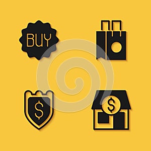 Set Buy button, Market store, Shield with dollar and Paper shopping bag icon with long shadow. Vector