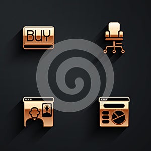 Set Buy button, Office chair, Video chat conference and Pie chart infographic icon with long shadow. Vector