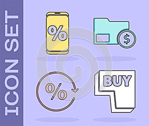 Set Buy button, Percent discount and mobile, Discount percent tag and Envelope with coin dollar icon. Vector