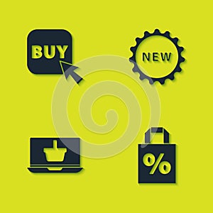 Set Buy button, Shoping bag with percent discount, Shopping basket laptop and Price tag text New icon. Vector