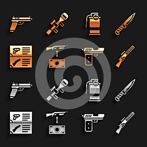 Set Buying assault rifle, Military knife, Hunting gun, Pistol or, Weapon catalog, Hand smoke grenade, and Sniper optical