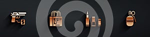 Set Buying gun pistol, , Bullet and Hand grenade icon with long shadow. Vector