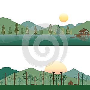 Set of Cabin on Lake and Camping on Mountain in Summer and Spring Landscape