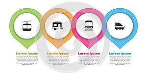 Set Cable car, Rv Camping trailer, Train and railway and Cruise ship. Business infographic template. Vector