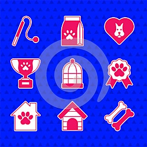 Set Cage for birds, Dog house, bone, Pet award symbol, Heart with dog and cat toy icon. Vector