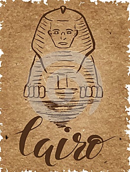 Set of Cairo label with hand drawn Sphinx, lettering Cairo on a kraft paper