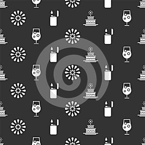 Set Cake with burning candles, Cocktail and alcohol drink, Firework and Lighter on seamless pattern. Vector