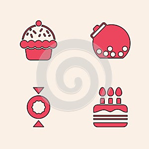 Set Cake with burning candles, Cupcake, Glass jar candies inside and Candy icon. Vector