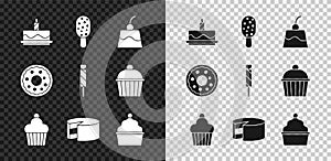 Set Cake with burning candles, Ice cream, Pudding custard, Donut and Candy icon. Vector