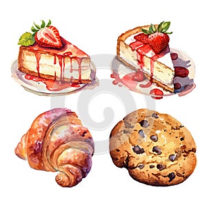 Set of cake, croissant and cookie dessert isolated on transparent bg cutout. Generative AI