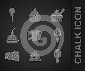 Set Cake, Ice cream, Piece of cake, Cherry cheesecake, in bowl and Lollipop icon. Vector