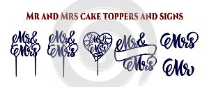 Set of cake toppers Mr and Mrs. wedding signs. Hand script calligraphy lettering
