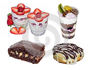 set cake: trifle, cheesecake dessert, chocolate cake, cinnamon roll, isolated on white background