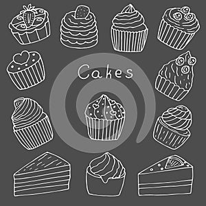 Set of cakes cupcakes and pieces chalk board vector illustration, hand drawing doodles