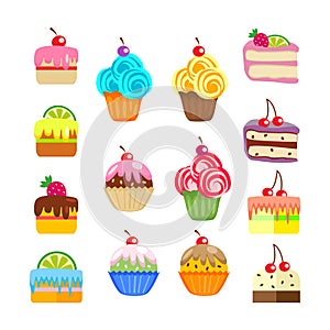 Set of cakes and pastries. Sweet desserts. Vector, illustration isolated on white background EPS10.
