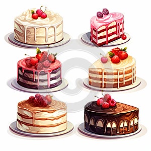 Set of cakes on white background.