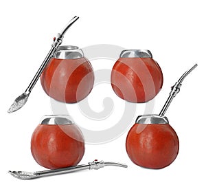 Set with calabashes with mate tea and bombillas on white background