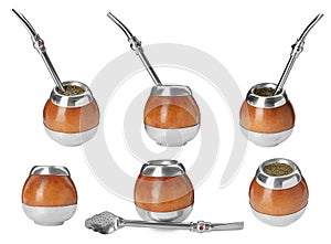 Set with calabashes with mate tea and bombillas on white background